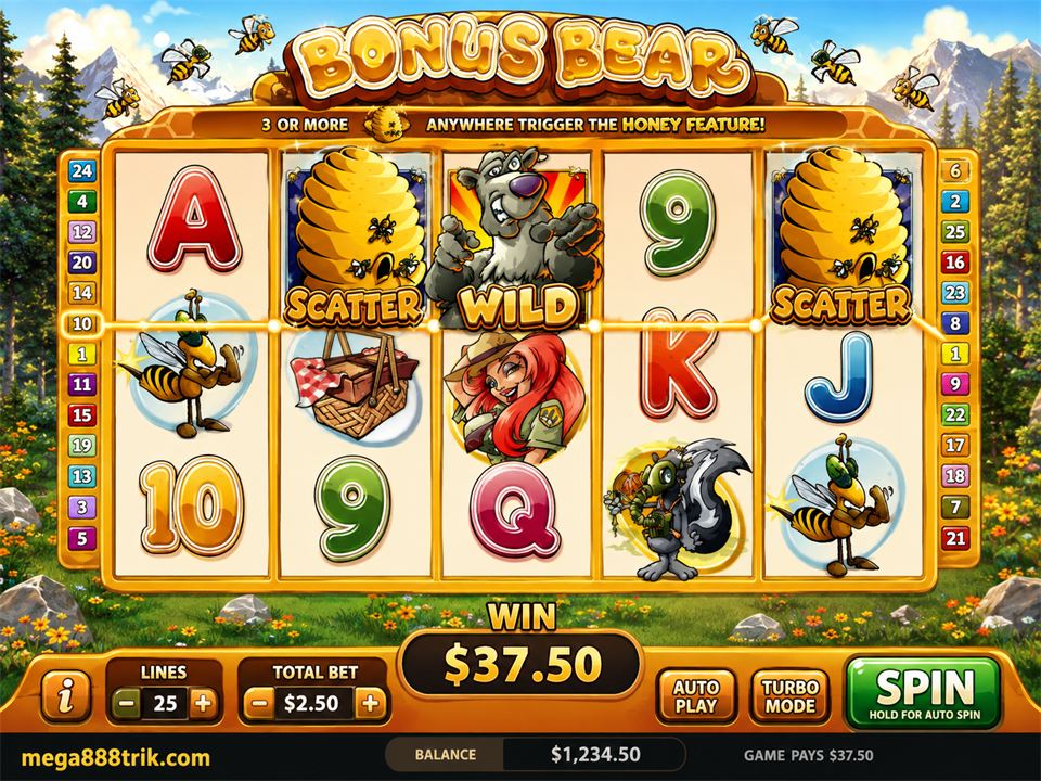 Bonus Bear Mega888 menunjukkan Scatter, Wild dan garisan payline aktif.