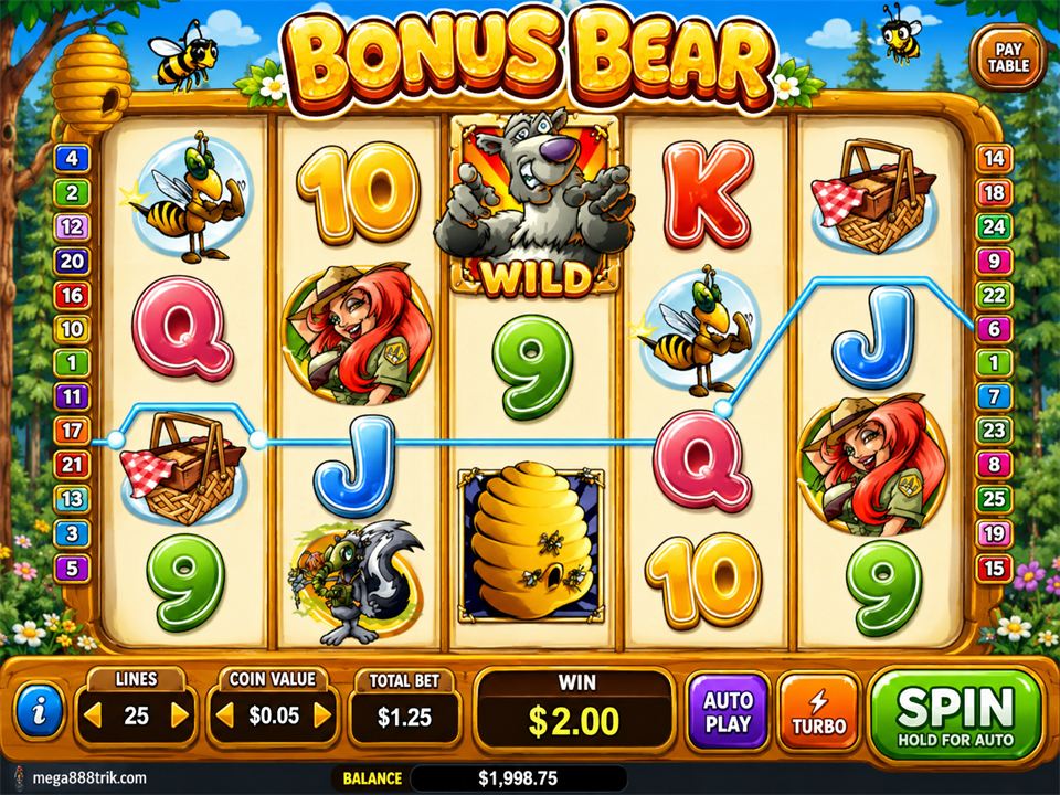 Paparan Bonus Bear Mega888 dengan 25 paylines, Wild dan simbol Beehive.
