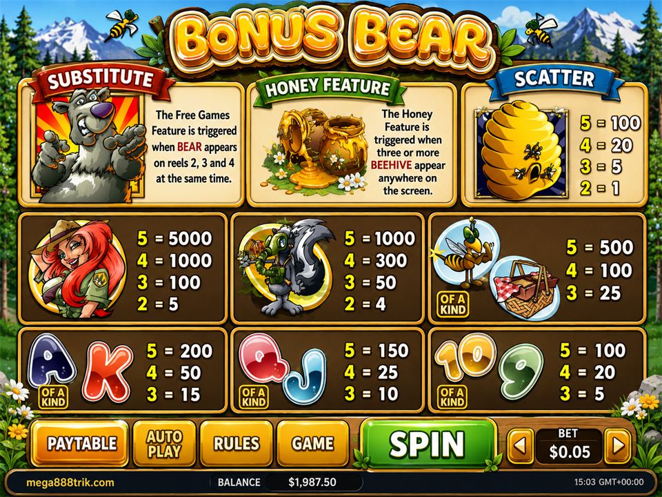 Paytable Bonus Bear dengan Bear Free Games, Honey Feature, Scatter dan nilai simbol.