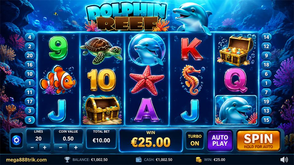 Paparan Dolphin Reef Mega888 dengan 20 paylines dan simbol bertema dasar laut.