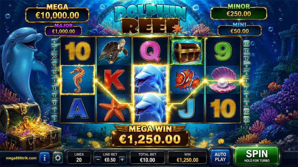 Paparan kemenangan Dolphin Reef dengan garisan payline diserlahkan pada reels.