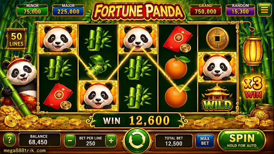 Paparan permainan Fortune Panda Mega888 dengan reels, simbol panda dan butang spin.