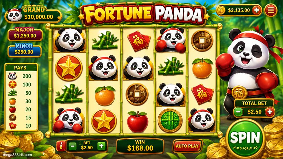 Paparan Fortune Panda dengan jadual PAYS dan simbol panda, buluh, syiling serta buah.