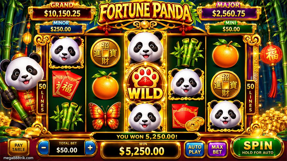 Fortune Panda Mega888 dengan simbol Wild, panda, buluh dan simbol bertema Asia.