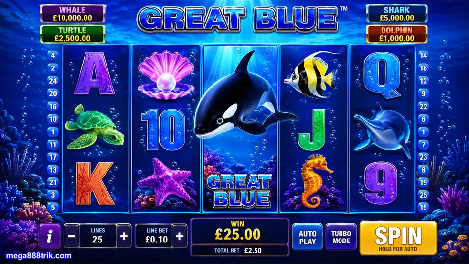 Paparan Great Blue Mega888 dengan 25 paylines, simbol Orca dan tema dasar laut.