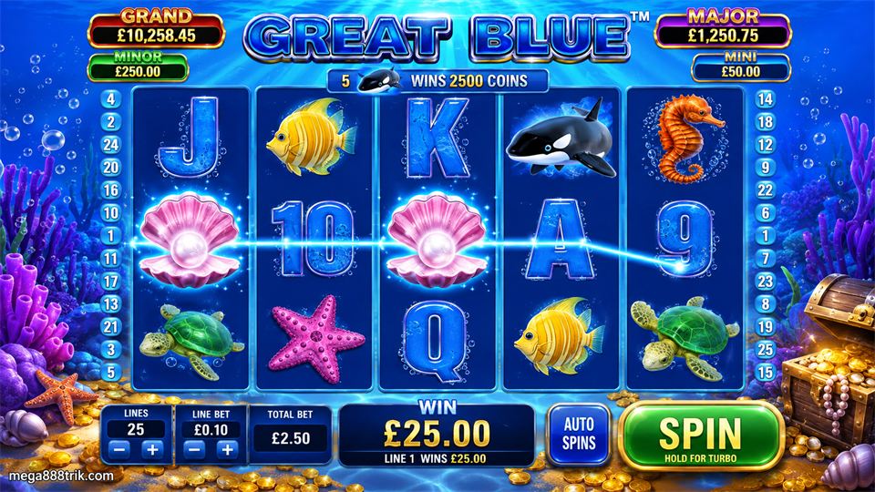 Paparan Great Blue dengan satu garisan kemenangan diserlahkan pada 25 paylines.