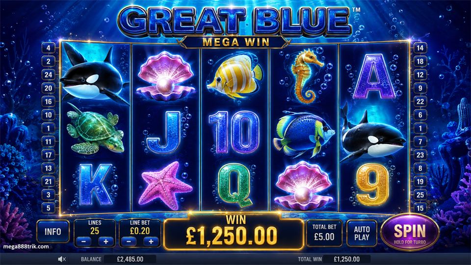 Paparan Mega Win Great Blue dengan kemenangan besar pada reels bertema laut.