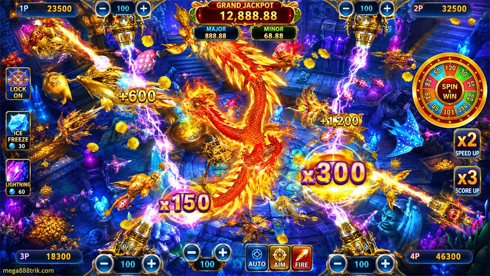 Paparan Ocean King Mega888 dengan cannon, dragon boss, ikan dan special weapon.
