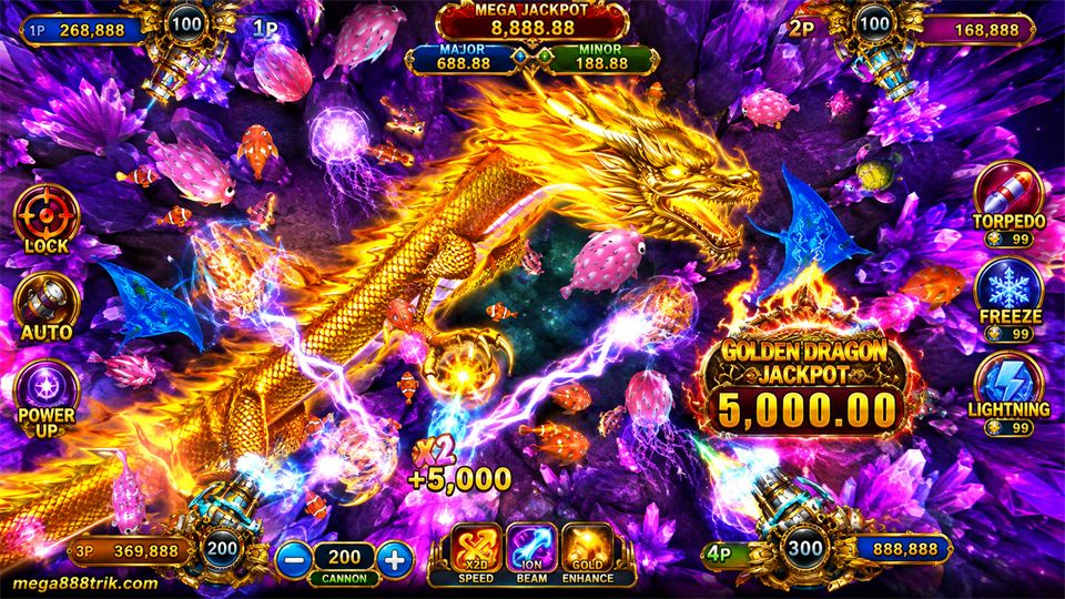 Paparan Ocean King dengan Lock, Auto, Torpedo, Freeze dan Lightning.