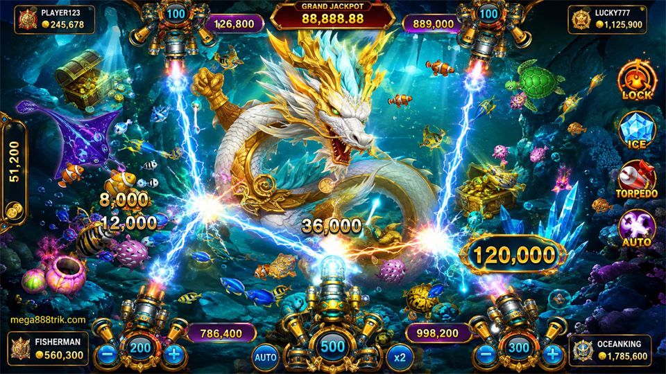 Ocean King dengan dragon boss besar, cannon dan high-value marine creature.